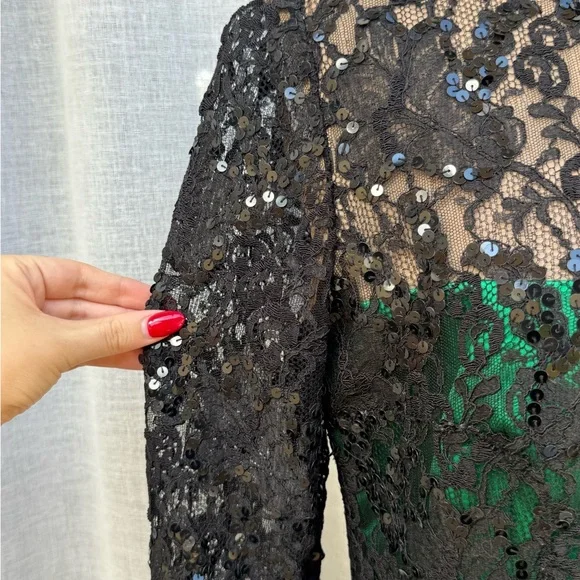 Bob Mackie boutique green black maxi gown dress with floral lace top